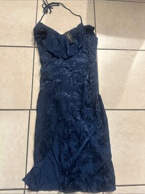 NWT BCBGeneration Sleeveless Navy Floral Midi Dress with Ruffle Neckline Sz 10